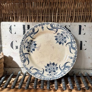 Antique French Ironstone Plate – Blue Floral Transferware by Baguad – Terre de Fer