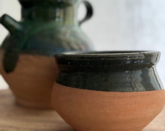 Vintage French Green Glazed Terracotta Pot – Rustic Drip Glaze Bowl / Planter, French Country Pottery
