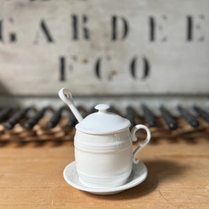 Vintage White Porcelain Mustard Pot with Lid Spoon and Saucer French Bistro Style
