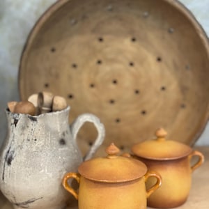 Set of 4 Vintage French MEHUN Porcelain Cream Pots | Rustic Ochre Glaze Mini Lidded Jars | Country Kitchen Decor | French Tableware