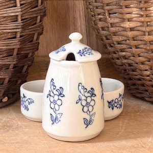 Vintage French Faience Condiment Set | Blue Floral Jam Pot & Double Bowl