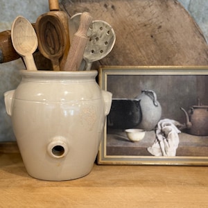 Rare Antique French Beige Confit Pot with Spout – 9.25” Stoneware Jar – Unique Glaze – Collected French Farmhouse Decor