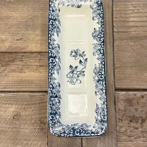 Antique French Blue-White Floral Transferware Toothbrush Holder, Rectangular Vanity Tray