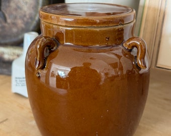Poterie vintage brune avec couvercle/Décoration organique neutre/peinte à la main et recyclée/Vase rustique/Pièces trouvées/grès/céramique