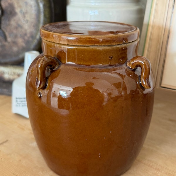 Brown vintage pottery with lid/Neutral organic decor/handpainted and upcycled/Rustic vase/Found pieces/stoneware/ceramic