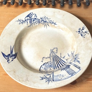 Antique St. Amand Ironstone Bowl – 10 Blue Chinoiserie Transferware Pottery