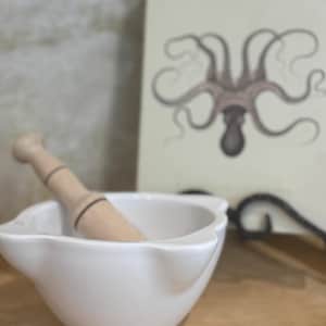 Vintage French Mortar and Pestle Set: White Ceramic, Wooden Pestle