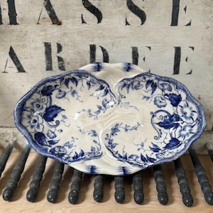 Antique French Creil et Montereau “Flora” Ravier Dish | Blue & White Transferware | 19th Century Floral Serveware | Ironstone Decorative Pla