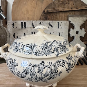 Antique French Longchamp Tureen: Blue Scroll Transferware, Terre de Fer