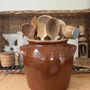 Vintage French Stoneware Crock | Brown Glazed Confit Pot with Handles | Mid-Century Rustic Kitchen Decor | Farmhouse French Jar