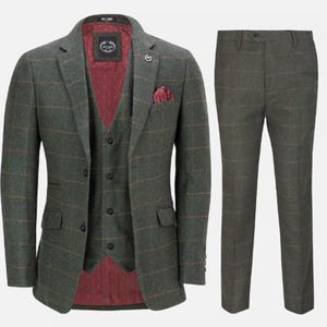 Men&#39;s 3-Piece Suit: Herringbone Tan Tweed Check Olive Green Retro