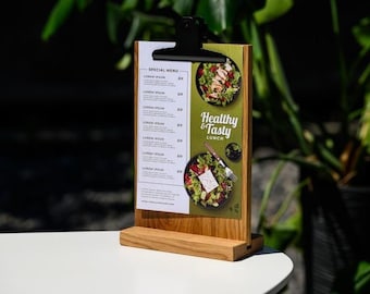 Soporte para menú de madera de roble, letrero de mesa para cafetería, tamaño A5