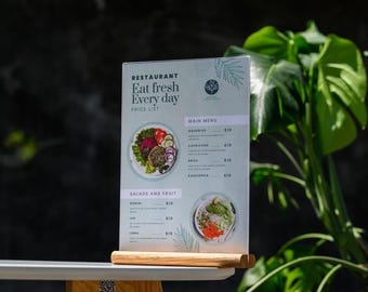 Acrylic Sign Holder, Solid Oak Base, Table Menu Display