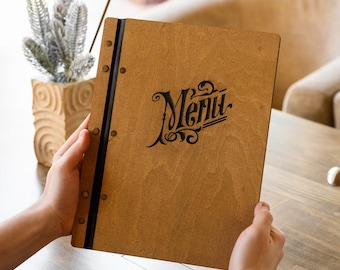 Funda de madera para menús intercambiables en color roble, Carpeta de Menús para Restaurante