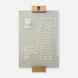May include: A rectangular sign with a building layout, held by two wooden blocks. The sign has a gray background with a white floor plan and text. The text includes the name "inko apartments" and room labels such as "reception" and "hall".