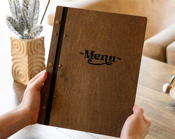 Tapa de madera contrachapada tamaño carta con «Menú» grabado, hojas intercambiables Portamenús