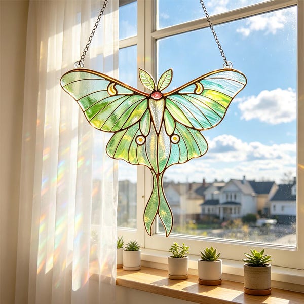 Glasmalerei Luna Motte Suncatcher, Schmetterlingsfensterbehang, grüner Glas Sun Catcher, Natur inspiriert Wohnkultur, handgefertigtes Geschenk für sie