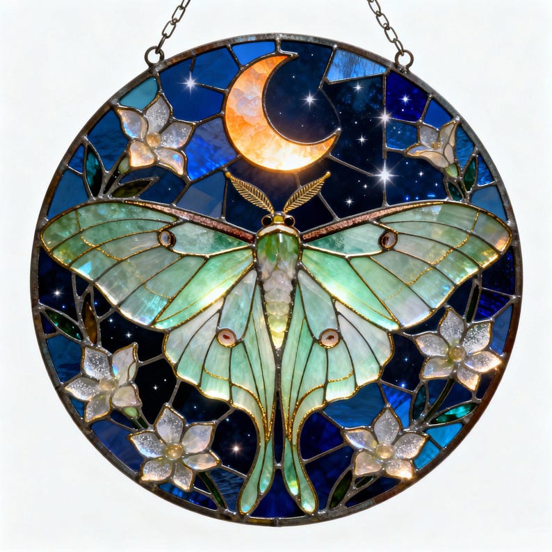 May include: Round stained glass panel featuring a Luna moth with green and gold wings, set against a night sky with a crescent moon and stars. White flowers are placed around the moth. The panel is framed in a dark blue border.