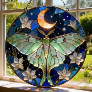 May include: Round stained glass panel featuring a luna moth with green and gold wings, a crescent moon, and white flowers. The background is a dark blue night sky with stars. The panel is hanging in front of a window.