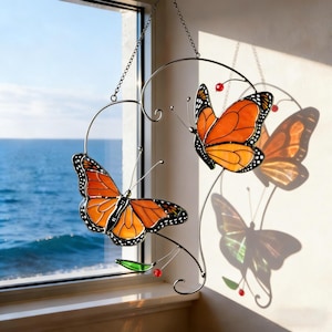 Orange Monarch Butterfly Stained Glass Suncatcher | Handmade Window Decor