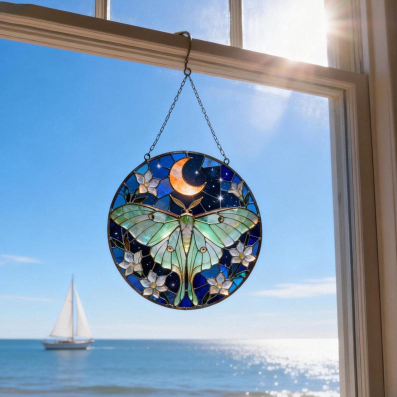 May include: A round stained glass window hanging featuring a Luna moth design. The moth is light green with intricate wing patterns, set against a blue night sky with a crescent moon and stars. White flowers and blue accents surround the moth.