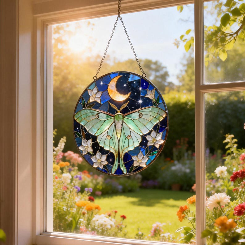 May include: A round stained glass window hanging featuring a luna moth design. The moth has green and blue wings, with a crescent moon and stars above. White flowers and a dark blue background complete the design. The window is hanging in front of a window with a garden view.