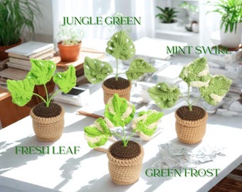 かぎ針編みのミニ鉢植え、手作りモンステラ、デスクデコレーション
