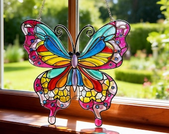 Kleurrijke glas-in-lood vlinder suncatcher | Regenboog hangend raamdecoratie | Handgemaakt vlinderzonnetje cadeau