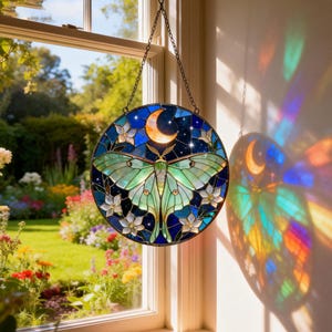 May include: A round stained glass window hanging featuring a green moth with a crescent moon and stars. The window is surrounded by a dark blue background with white flowers. The window is hanging in front of a window with a garden view.