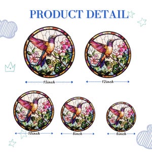 May include: Circular stained glass art featuring a hummingbird with outstretched wings, surrounded by pink flowers and green leaves. The product detail image shows sizes ranging from 6 inches to 15 inches in diameter.