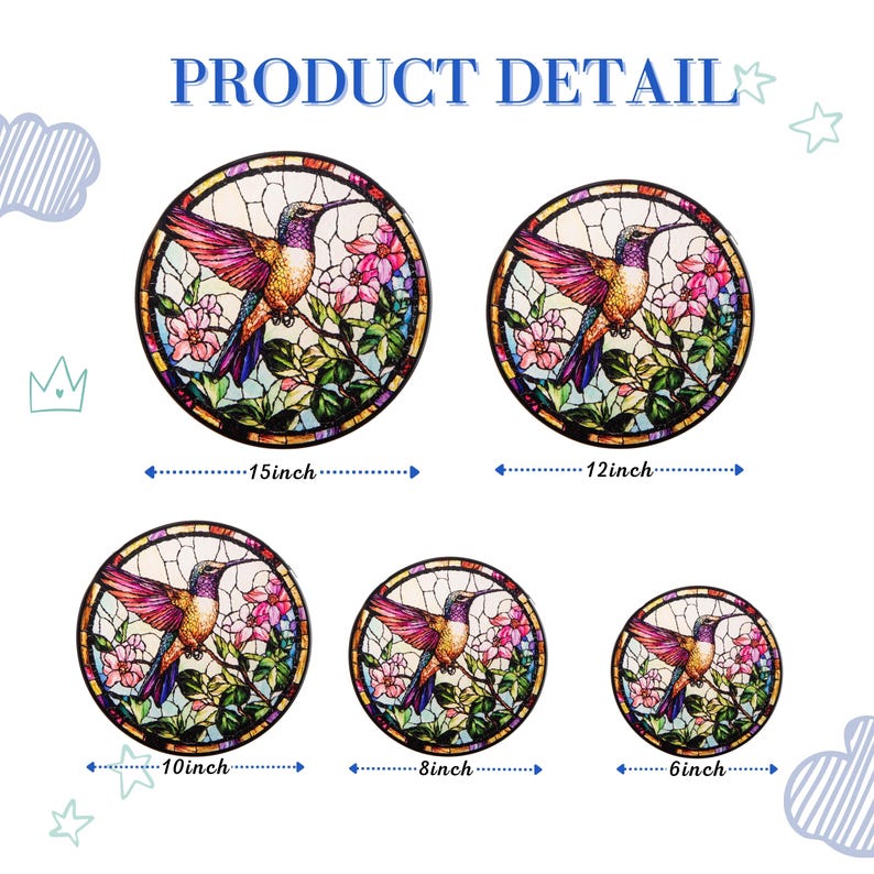 May include: Circular stained glass art featuring a hummingbird with outstretched wings, surrounded by pink flowers and green leaves. The product detail image shows sizes ranging from 6 inches to 15 inches in diameter.