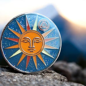 Könnte beinhalten: Runder Metallpin mit einer stilisierten Sonne mit orangefarbenem Gesicht und Strahlen in Orange-, Rot- und Gelbtönen. Die Sonne befindet sich vor einem blauen, glitzernden Hintergrund. Oben befindet sich ein kleines Emblem. Der Pin liegt auf einem Felsen.