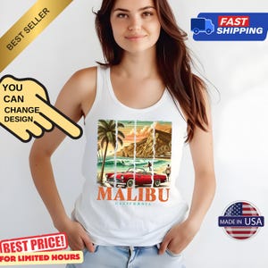 Customizable Malibu California Tank Top – Vintage Beach Tank for Girls Trip, Retro Coastal Shirt, Summer Gift, West Coast Aesthetic