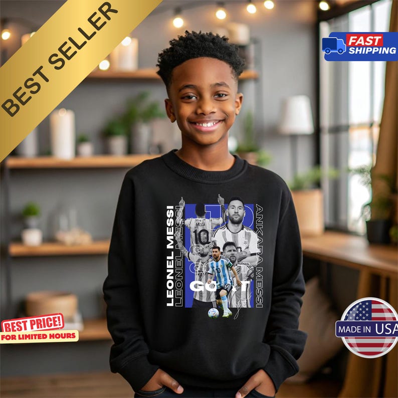 May include: A black sweatshirt with a collage of Lionel Messi images, the text "LEONEL MESSI" and "ANKARA MESSI". The sweatshirt also has the text "Go!" and the number "10".