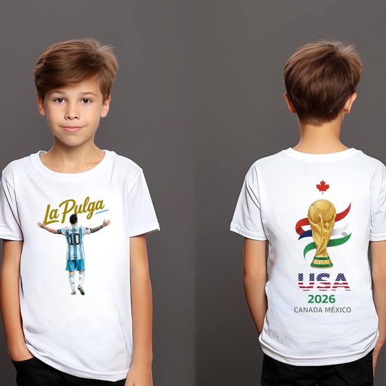 May include: White t-shirt featuring a soccer player with the text "La Pulga" and the number 10. The back of the shirt displays the FIFA World Cup trophy with "USA 2026 CANADA M&Eacute;XICO" text and flags.