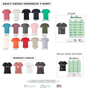May include: A product image showcasing a variety of t-shirts in various colors, including coral pink, white, black, and navy. The image also includes size charts for both unisex crewneck and women's v-neck t-shirts, with measurements in inches.