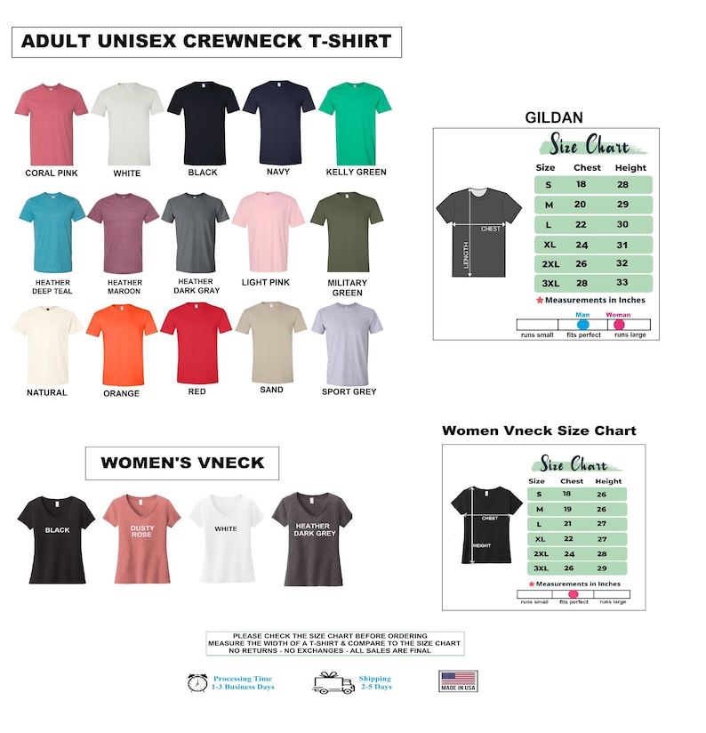 May include: A product image showcasing a variety of t-shirts in various colors, including coral pink, white, black, and navy. The image also includes size charts for both unisex crewneck and women's v-neck t-shirts, with measurements in inches.