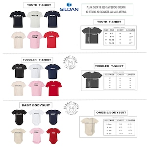 May include: A product image featuring various t-shirts, bodysuits, and onesies in different colors, including black, white, navy, natural, light pink, and red. Size charts for youth, toddler, and baby sizes are also displayed. The Gildan and Rabbit Skins logos are visible.