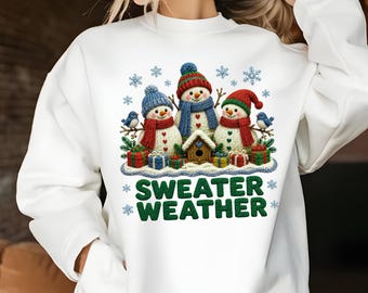 Faux Crochet Sweater Weather Sweatshirt, Cozy Snowman Winter Crewneck, Christmas Holiday Apparel