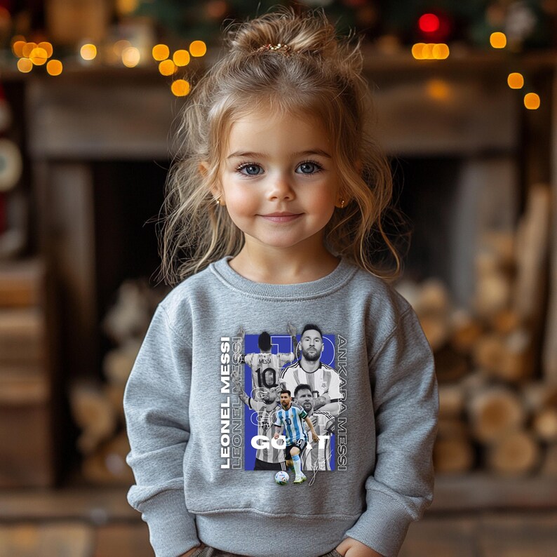 May include: A grey sweatshirt with a collage of Lionel Messi images and the text "LEONEL MESSI" and "ANKARA MESSI". The design includes the word "GO" in white. The sweatshirt is worn by a young child.