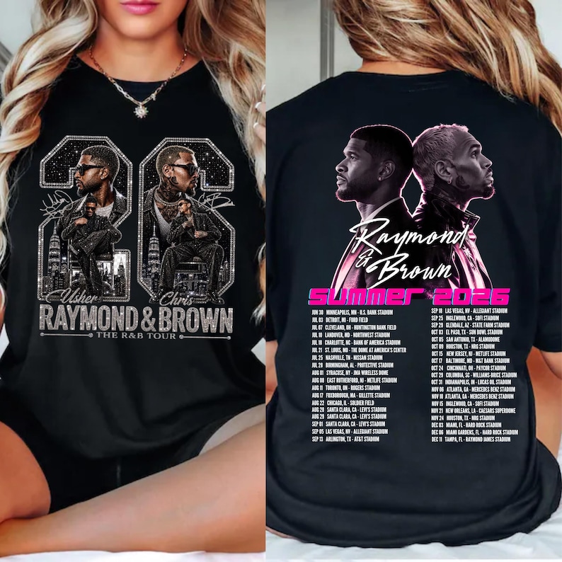 May include: A black t-shirt featuring a graphic of Usher and Chris Brown with the text 'Raymond & Brown The R&B Tour' on the front. The back displays the same artists with the text 'Raymond & Brown Summer 2026' and a list of tour dates and locations.