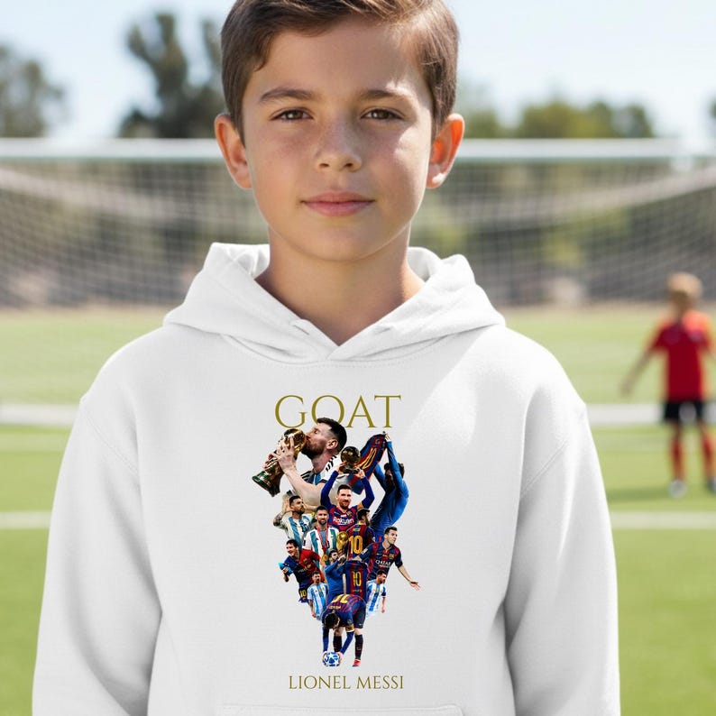 May include: White hoodie with a graphic of Lionel Messi, featuring the word "GOAT" in gold lettering. The design includes images of Messi in action. The hoodie is worn by a young person on a soccer field.