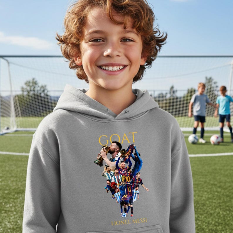 May include: A gray hoodie featuring a graphic of Lionel Messi with the word "GOAT" in gold lettering. The graphic includes images of Messi in various soccer uniforms. A young person is wearing the hoodie.