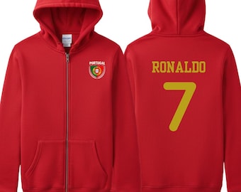 Kids Portugal Flag Ronaldo #7 Full Zip Hoodie - Youth Soccer Fan Gear