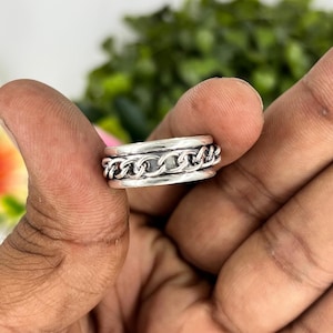 925 Sterling Silver Chain Spinner Ring | Unisex Oxidized Fidget Band | Handmade Meditation Ring for Men & Women