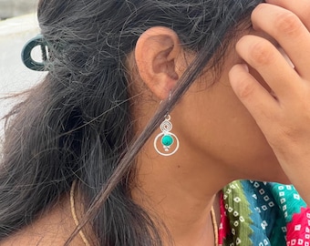 Turquoise Gemstone Dangle Earrings: Boho Silver Spiral, Ethnic Jewelry