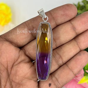 Faceted Aura Quartz Pendant | Long Crystal Point Pendant | Purple & Gold Mystic Stone Necklace | Handmade Boho Jewelry Gift , Silver Pendant