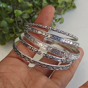 Sterling Silver Stacking Bangle Set of 5, Handmade Oxidized Silver Bangles, Thin Stackable Kada