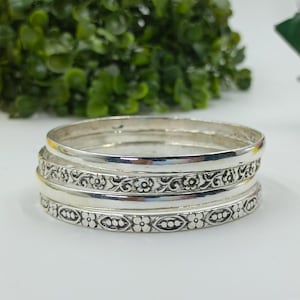 Oxidized Sterling Silver Bangle Set: Floral & Geometric Boho Bracelets