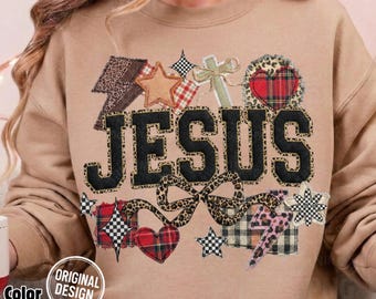 Jesus Patchwork Collage PNG, Faux Embroidery, Leopard Print (Digital Download)